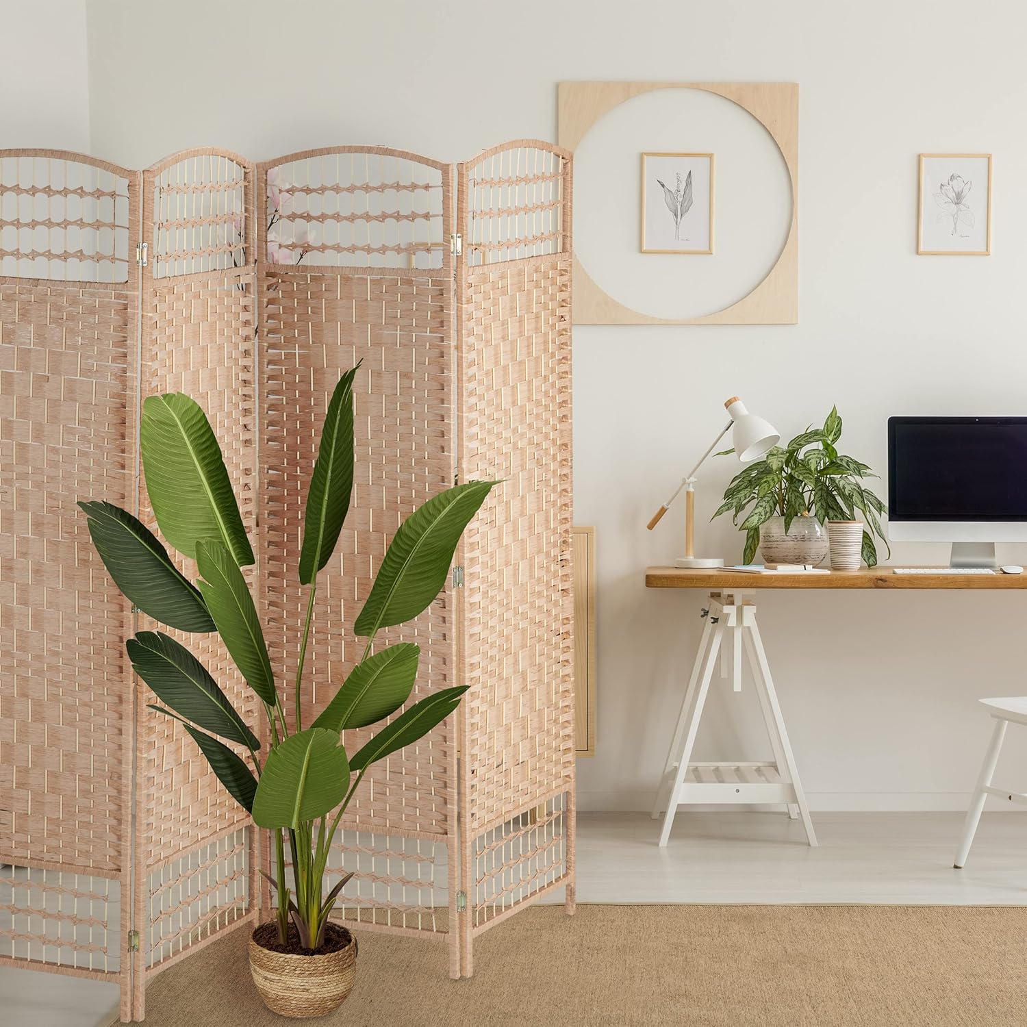Relaxdays Paravent, 4-teilig, Raumtrenner faltbar, HxB 180x180 cm, Trennwand für innen, Papierseil, Bambusstreben, Natur PC5788774