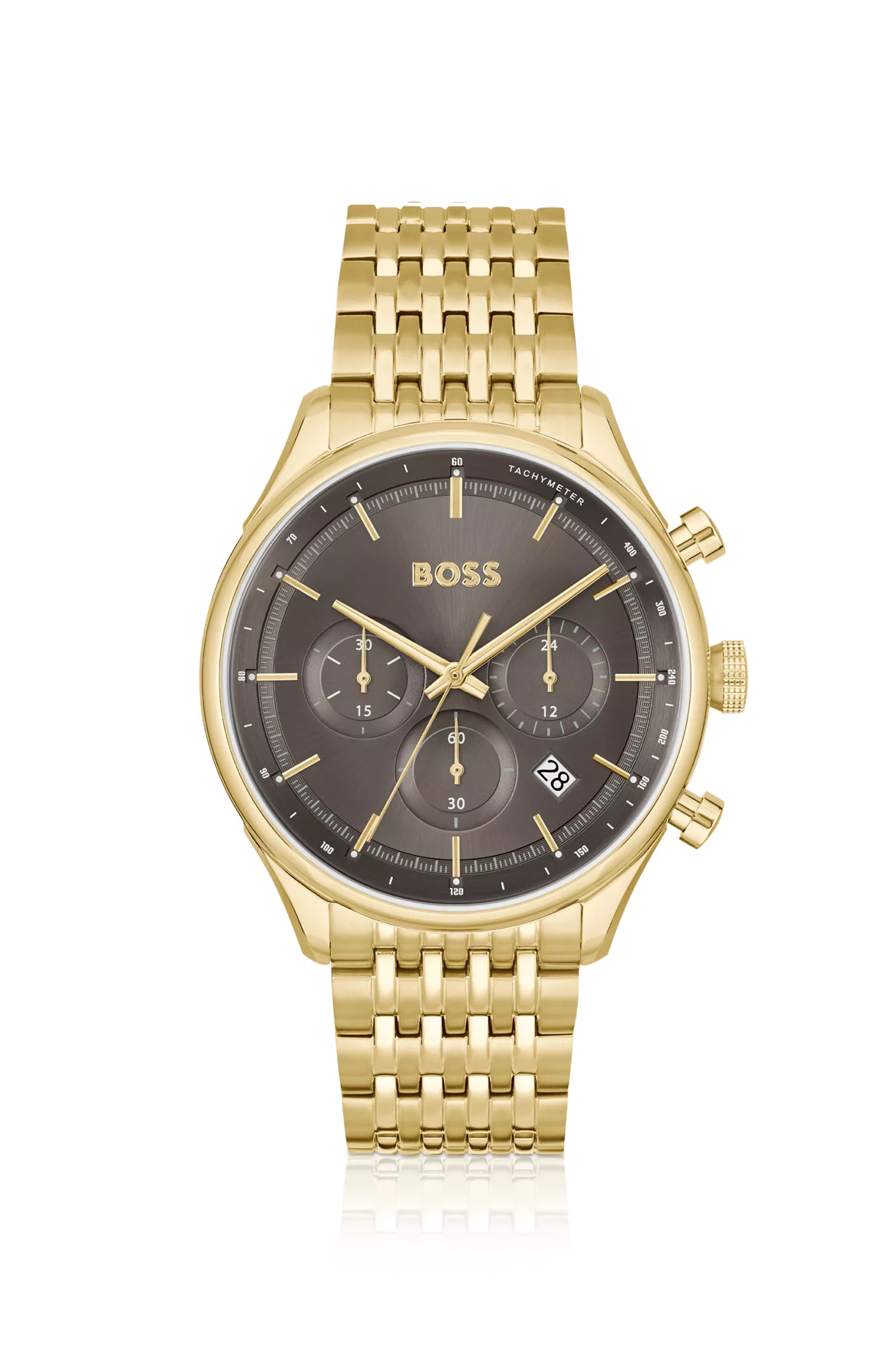 Relógio cronógrafo BOSS em tons de preto e dourado com mostrador marrom.