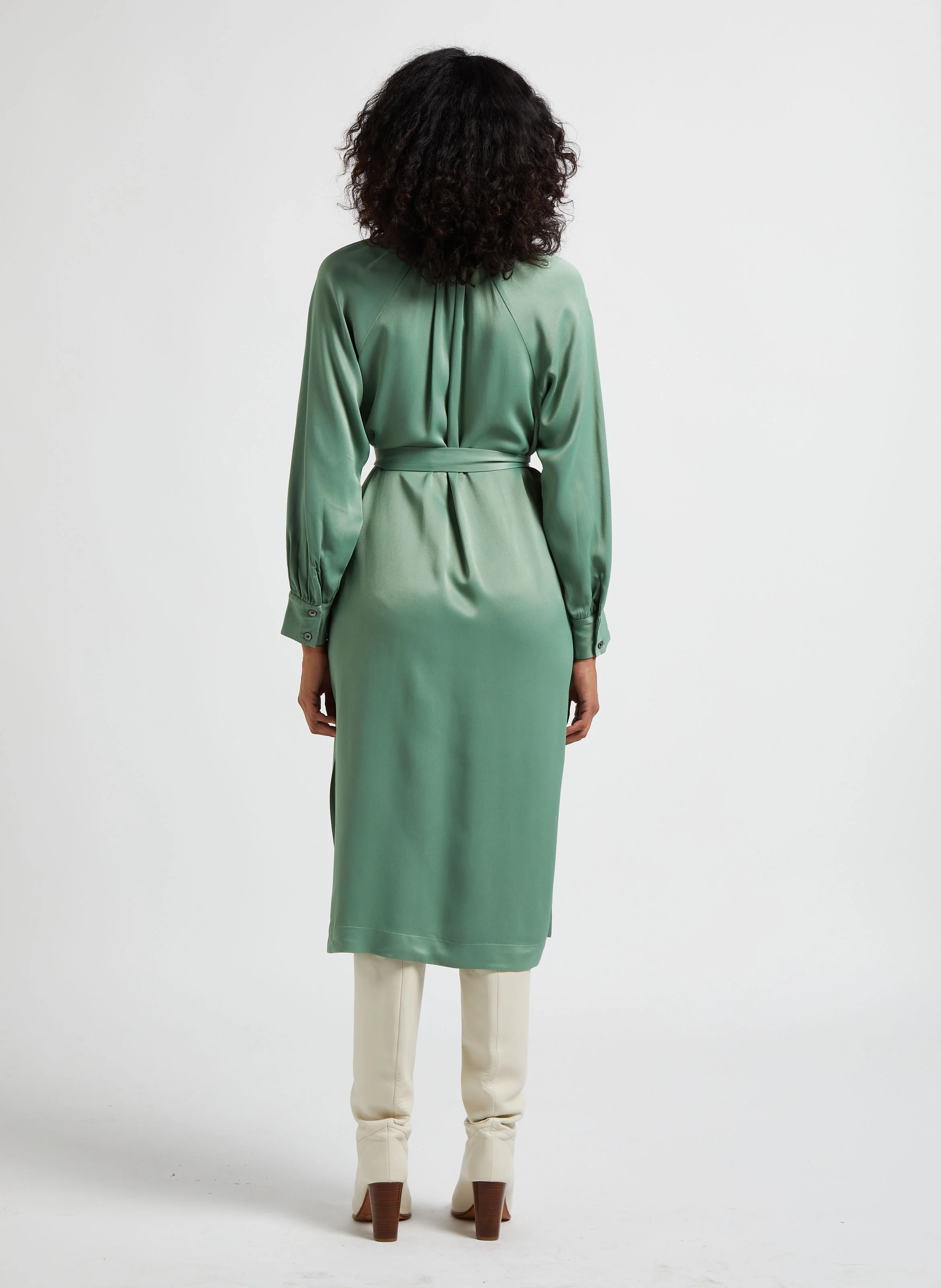 POLLY - Robe mi-longue col polo satinée | Vert