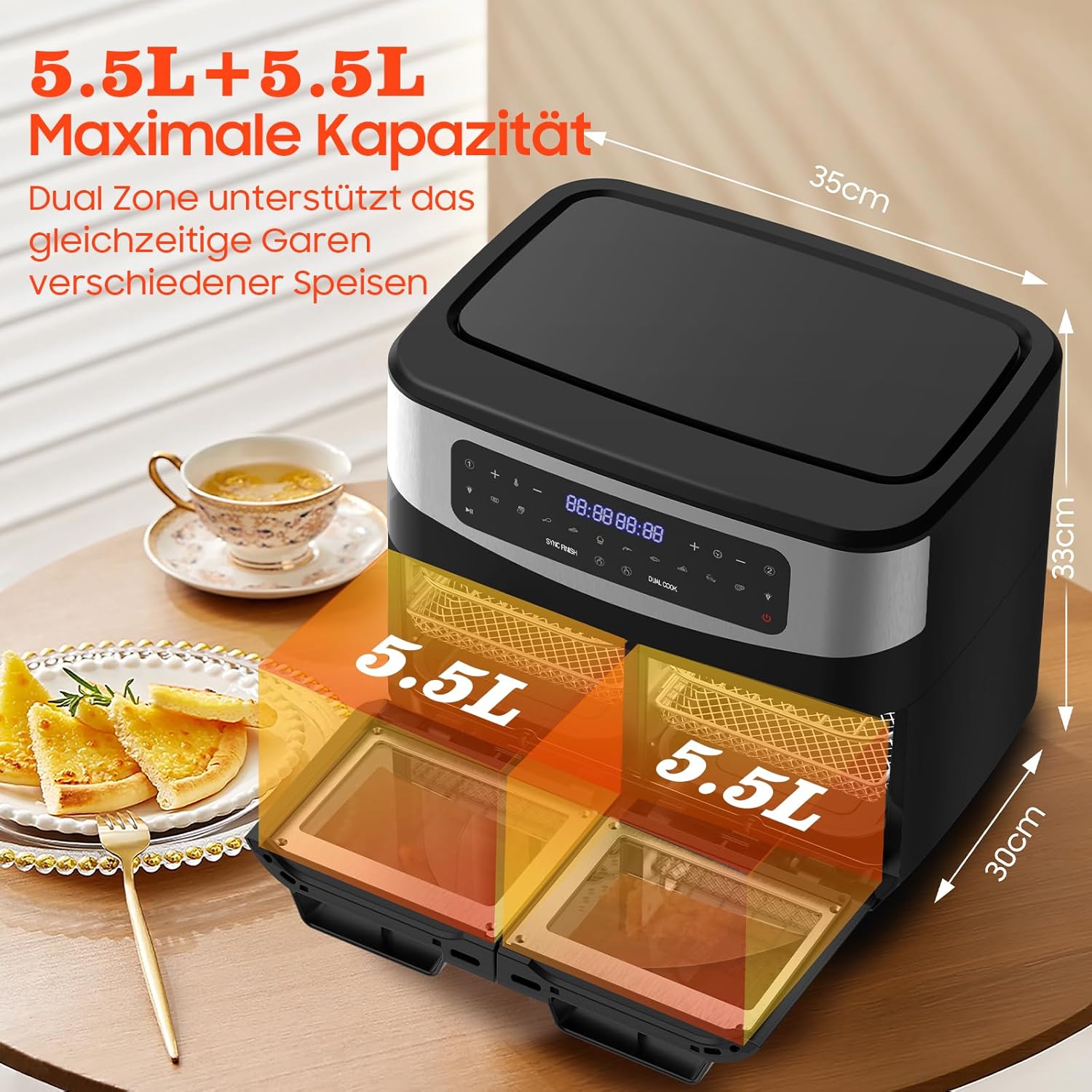 Heißluftfritteuse Dual Zone 12L - XXL Airfryer mit herausnehmbarem Trenner, 2600W Heissluftfritteuse Doppelkammer mit Doppelfenster, 10 Funktionen, Rezepte