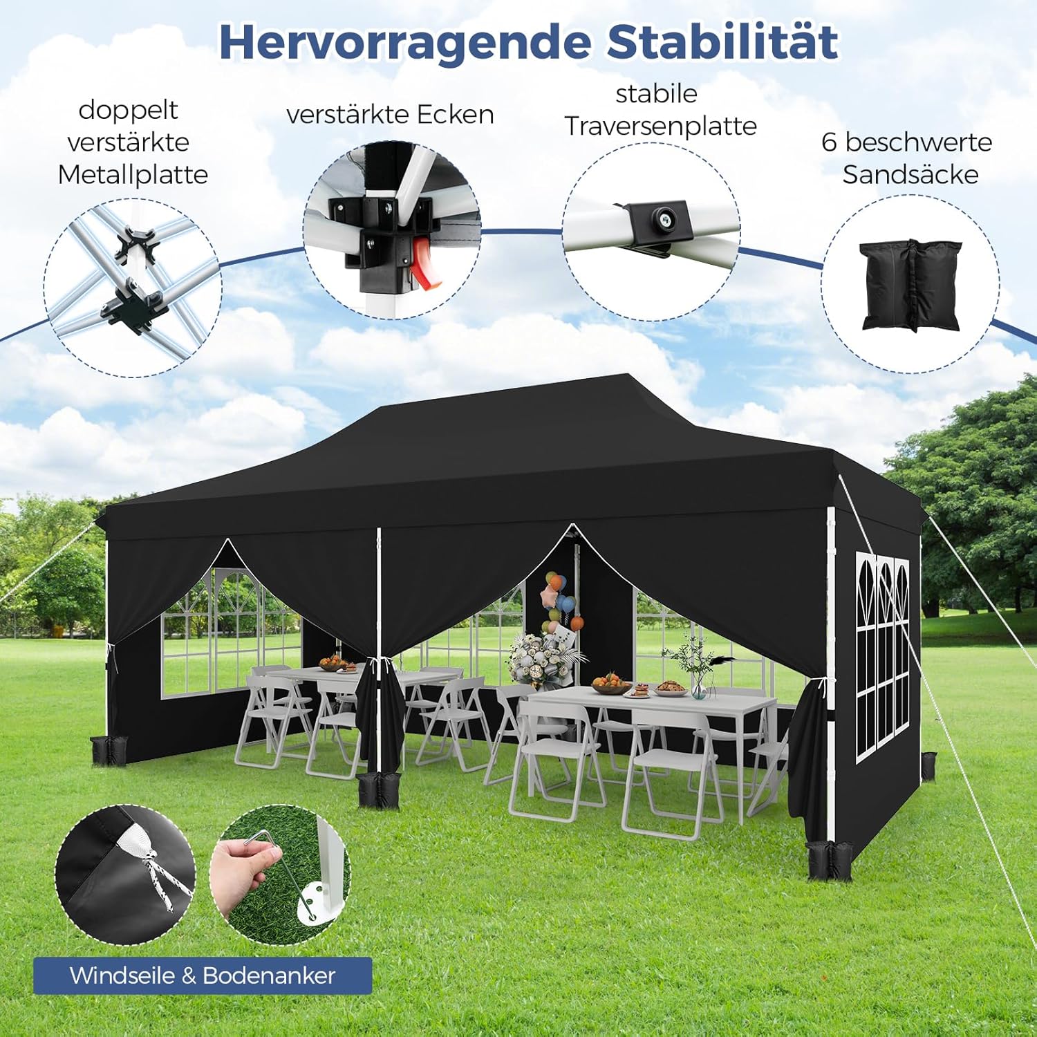 COSTWAY Pavillon 3x6m, Faltpavillon mit 6 Seitenwänden & 6 Sandsäcke, Gartenpavillon Wasserdicht Stabil Winterfest, UV Schutz 50+, Partyzelt mit Tragetasche für Garten Hausparty Hochzeiten (Schwarz)