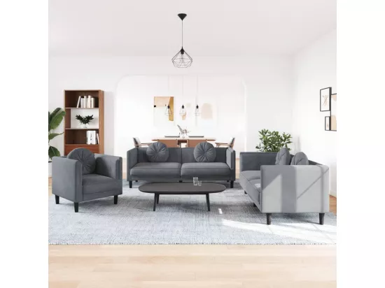 Ensemble de canapés 3 pièces avec coussins gris foncé velours