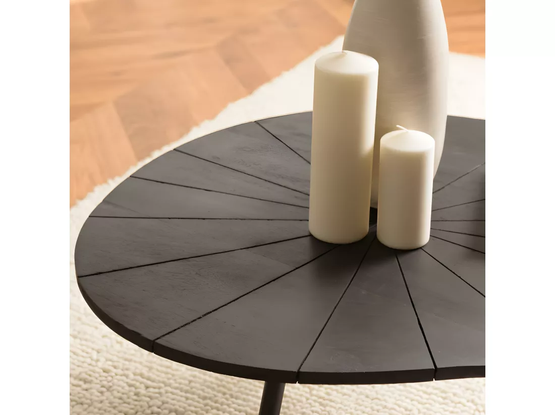 JAMES - Table basse ovoïde plateau texturé noir mat pieds en fer noir