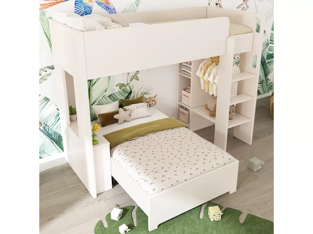 Lit superposé 90 x 200 cm - avec penderie + bureau - étagères ouvertes - avec escalier - blanc (matelas non inclus)