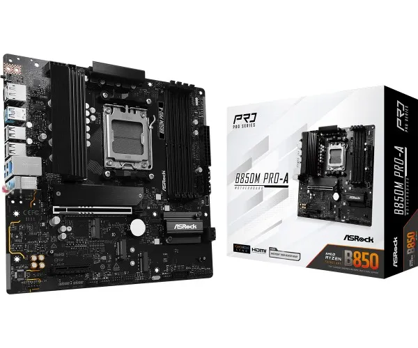 ASRock B850M Pro-A - Bundkort - micro ATX - Socket AM5 - AMD B850 Chipset - USB 3.2 Gen 2, USB-C 3.2 Gen2, USB 3.2 Gen 1 - 2.5 Gigabit LAN - onboard grafik (CPU påkrævet) - HD Audio (8-kanaler)