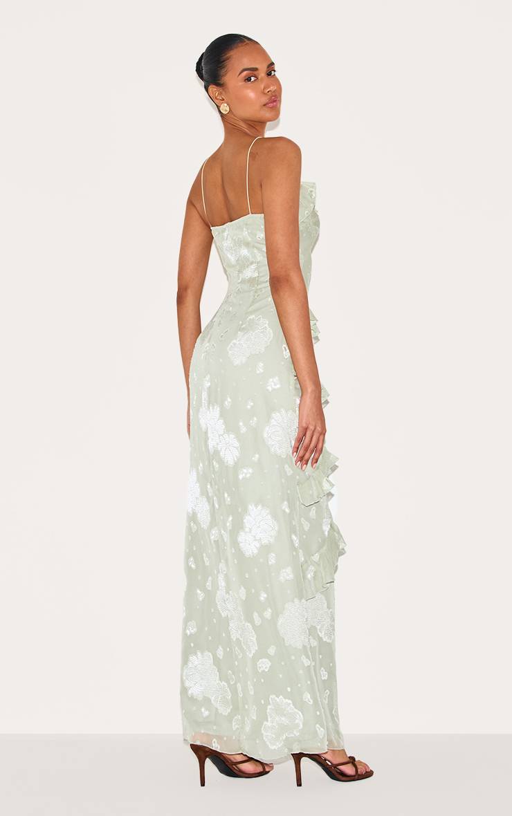 Vert Sauge Robe Longue À Volants Brodés De Fleurs