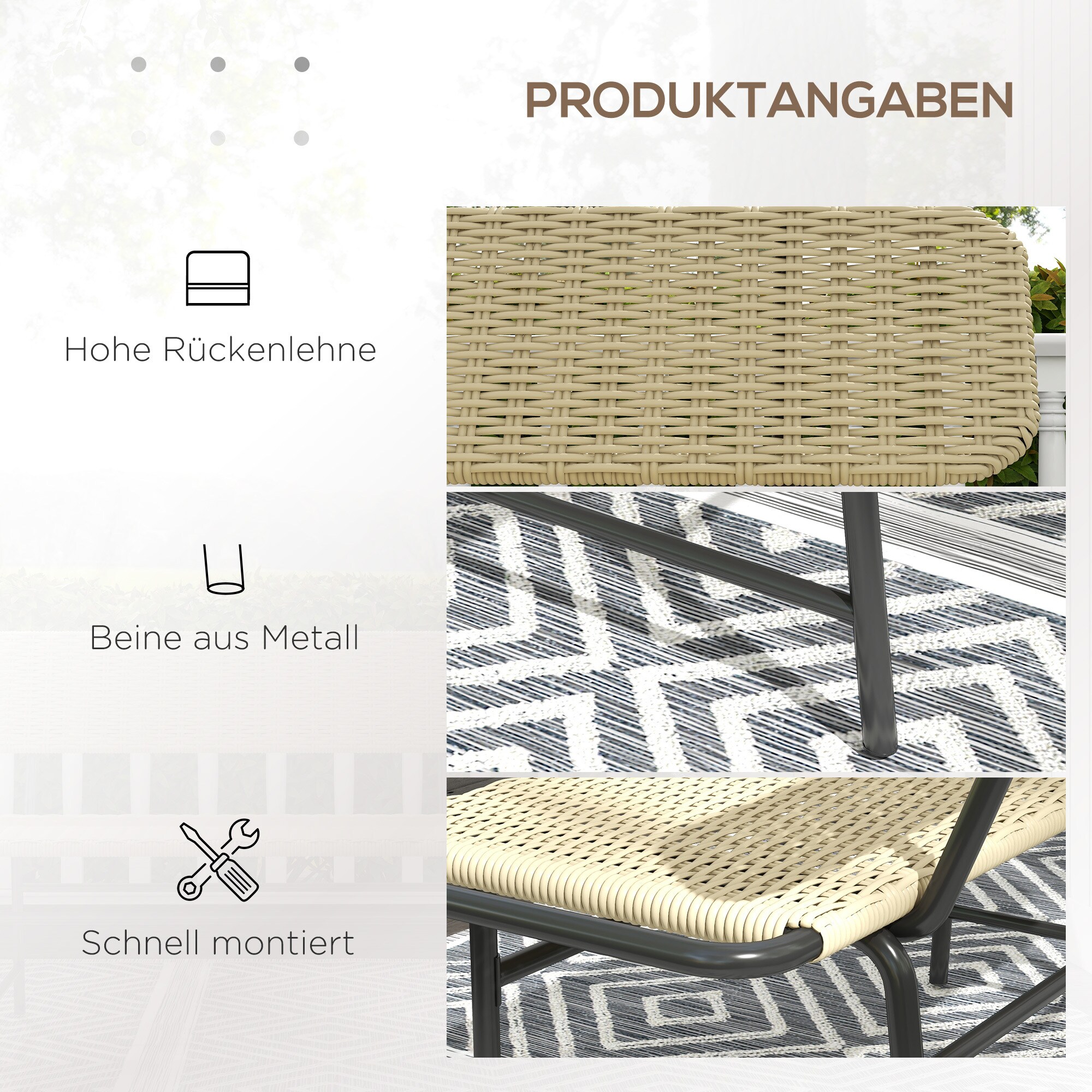 Outsunny Gartenbank mit Rattanoptik braun 132L x 66B x 80H cm