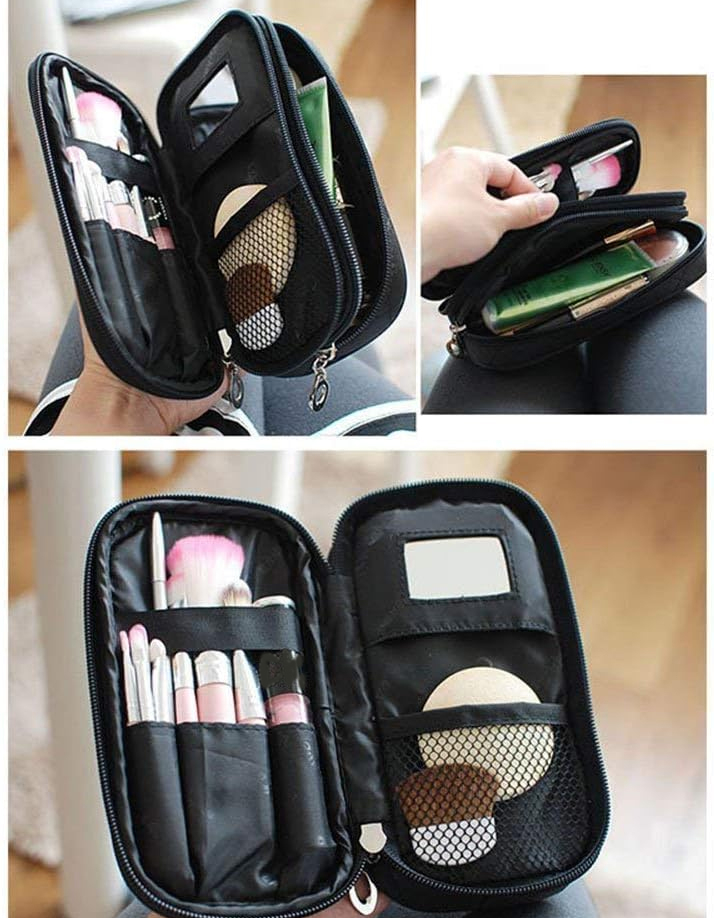 (18x9cm) Kosmetik Make Up Tasche Pinsel Necessaire Organizer Bag mit Reissverschluss   Spiegel - Schwarz
