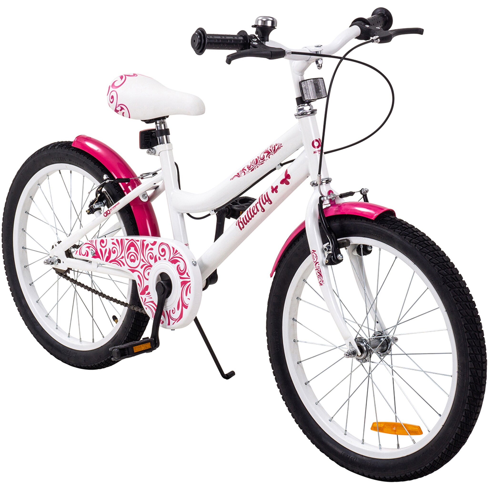 Actionbikes Kinderfahrrad Butterfly 20 Zoll, Pink, Fahrradständer, Kettenschutz, Antirutschgriffe (Weiß/Pink)