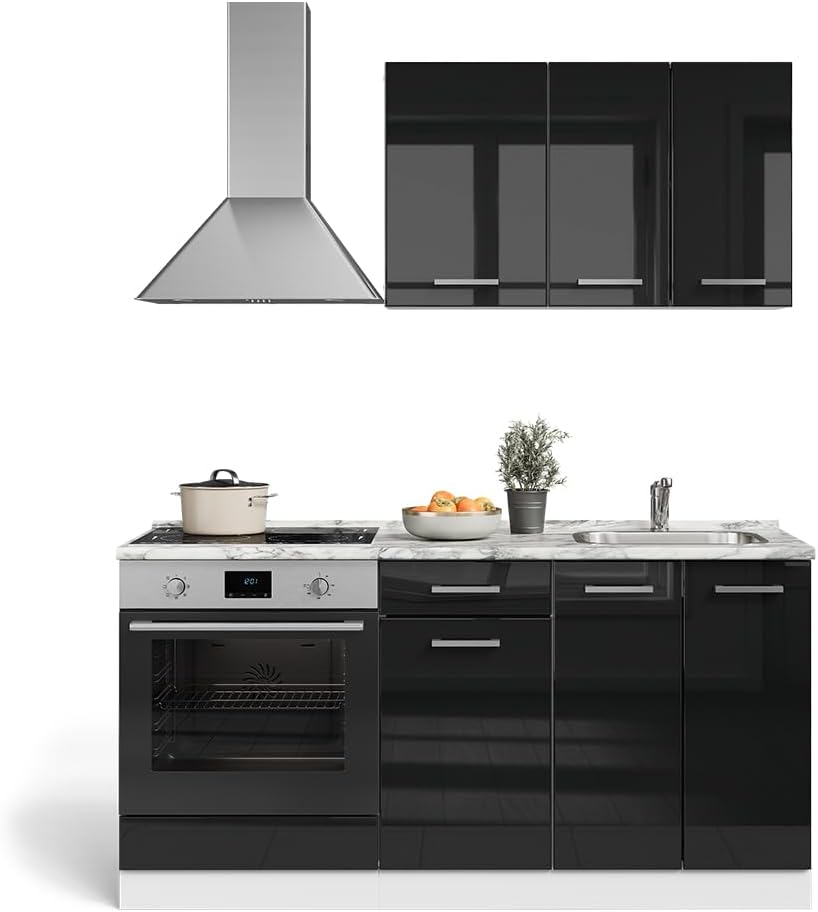 Vicco Singleküche R-Line, Schwarz Hochglanz/Weiß, 160 cm mit Herdumbauschrank und Spüle ohne AP