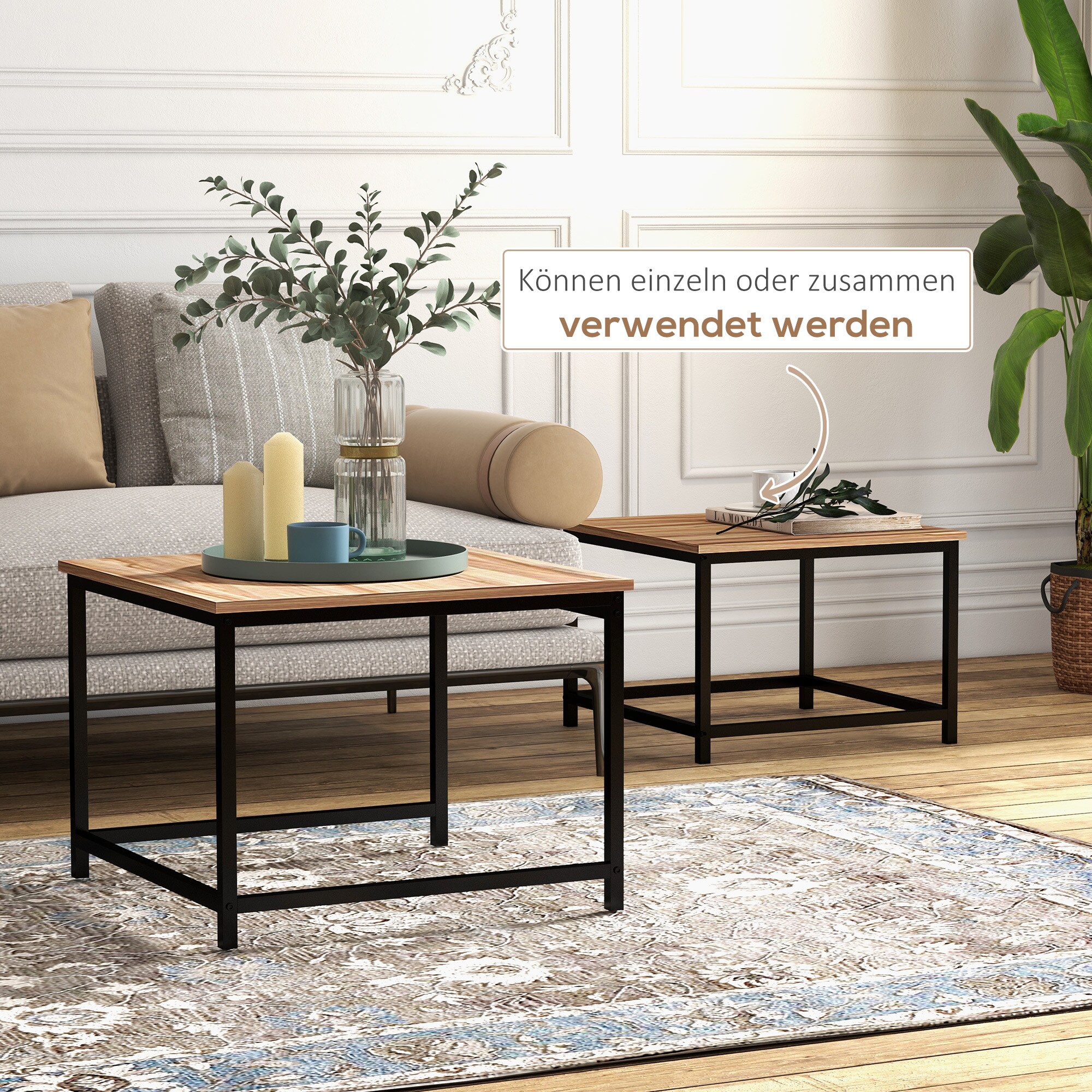 HOMCOM Couchtisch-Set mit Stahlrahmen natur 60L x 60B x 45H cm