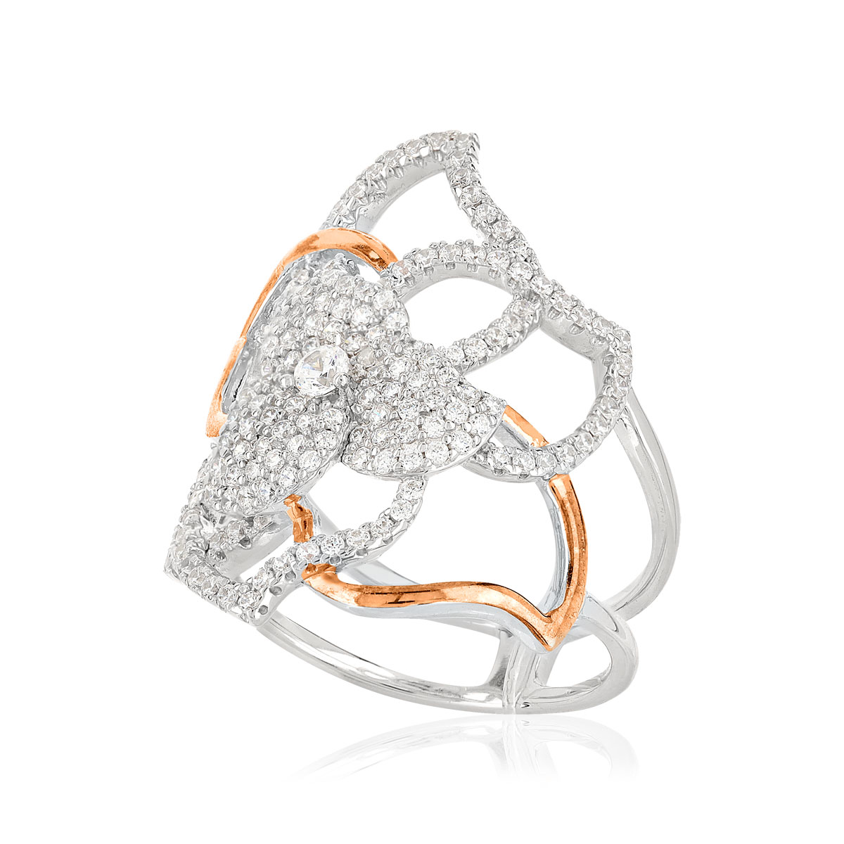 Bague argent 925 2 tons fleur ajourée zirconias