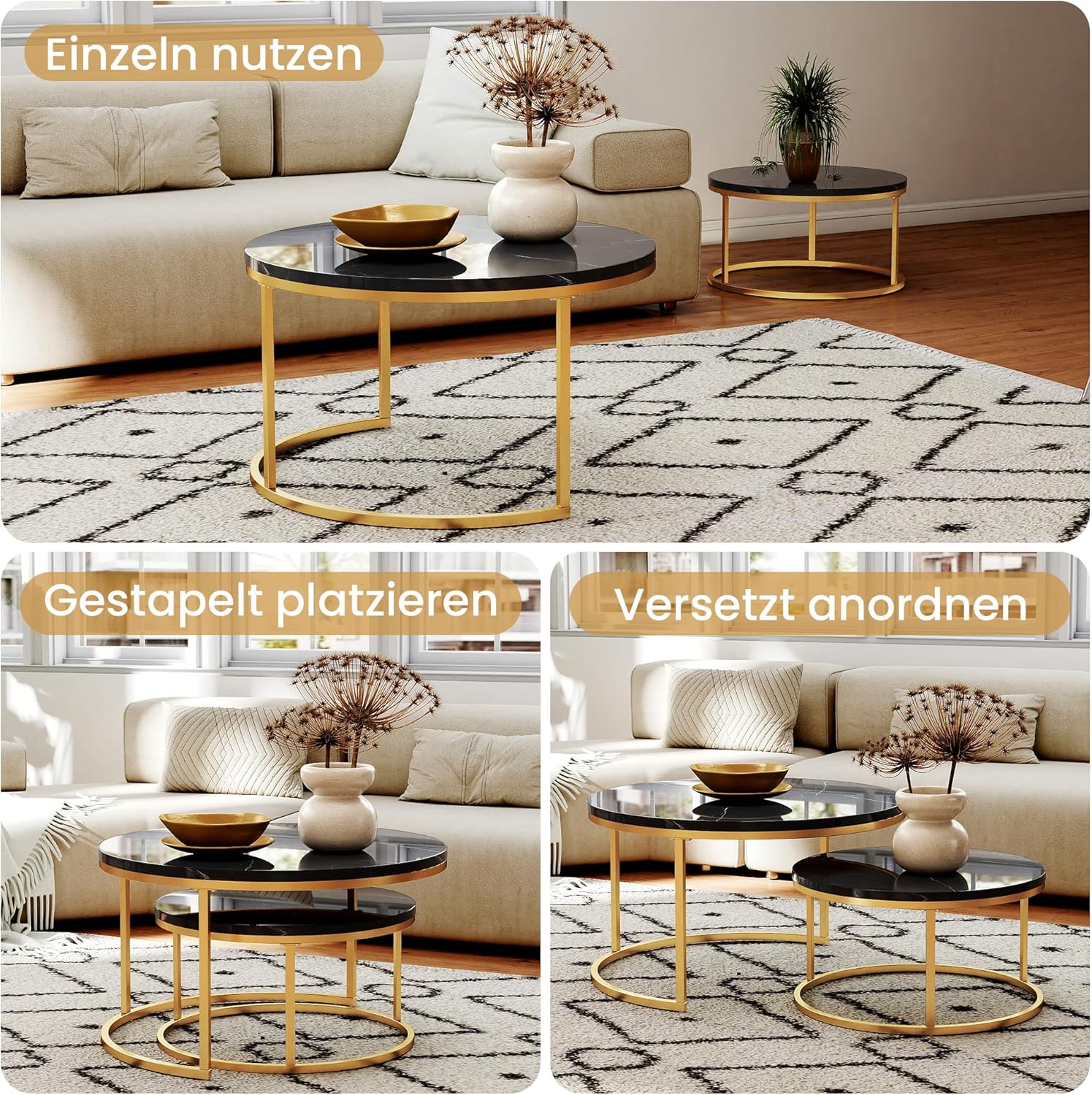 okwish Set mit 2 Runden Couchtischen, satztische fürs Wohnzimmer, Mit Schwarz MDF-Tischplatte Gold Metallrahmen, Ideal für Wohnzimmer, Balkon und Büro, Größe 80x45+60x33,5 cm