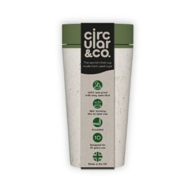 Recycled Travel Cup 12oz: Cream With Green Lid