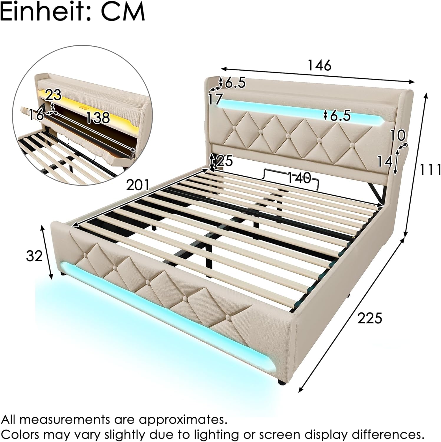 Merax Bett 140x200 mit Stauraum, Polsterbett 140x200 cm mit LED-Beleuchtung & Ladestation, Polsterbett Doppelbett mit USB und Typ C-Port, Stauraum Kopfteil, Beige, Leinen(Ohne Matratze)