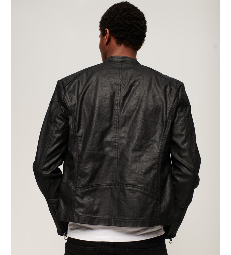 Jaqueta jeans estilo motociclista Superdry preta com forro e logo