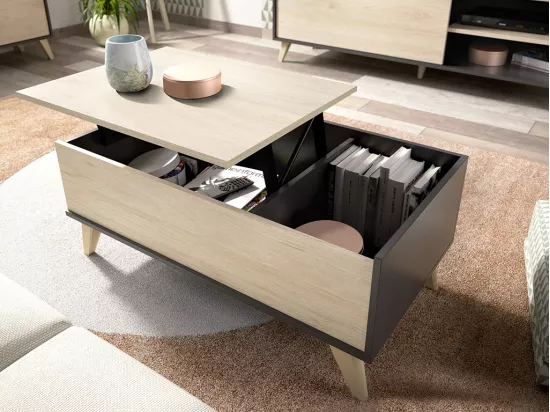 Table basse relevable KOLYMA - 1 niche - Coloris : Chêne & Anthracite