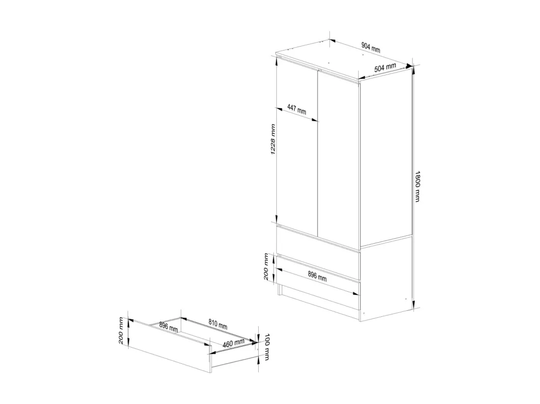 Armoire AKORD S90 Chêne Artisan 90 cm 2 portes 2 tiroirs façade Chêne Artisan 4 étagères 90x51x180 cm