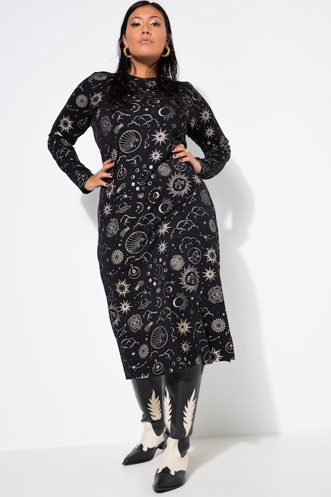 Jersey-Midikleid, A-Linie, Astro-Muster, Langarm