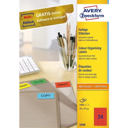 Avery Zweckform 3448 Farbige Etiketten,A4 70 x 37 mm, 100 Bogen/2.400 Etiketten, rot