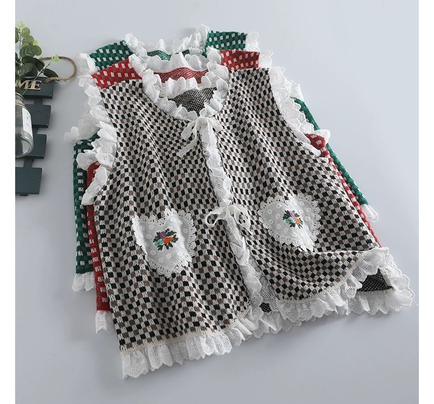 Santeh - Geruite bloemen geborduurde kanten gilet