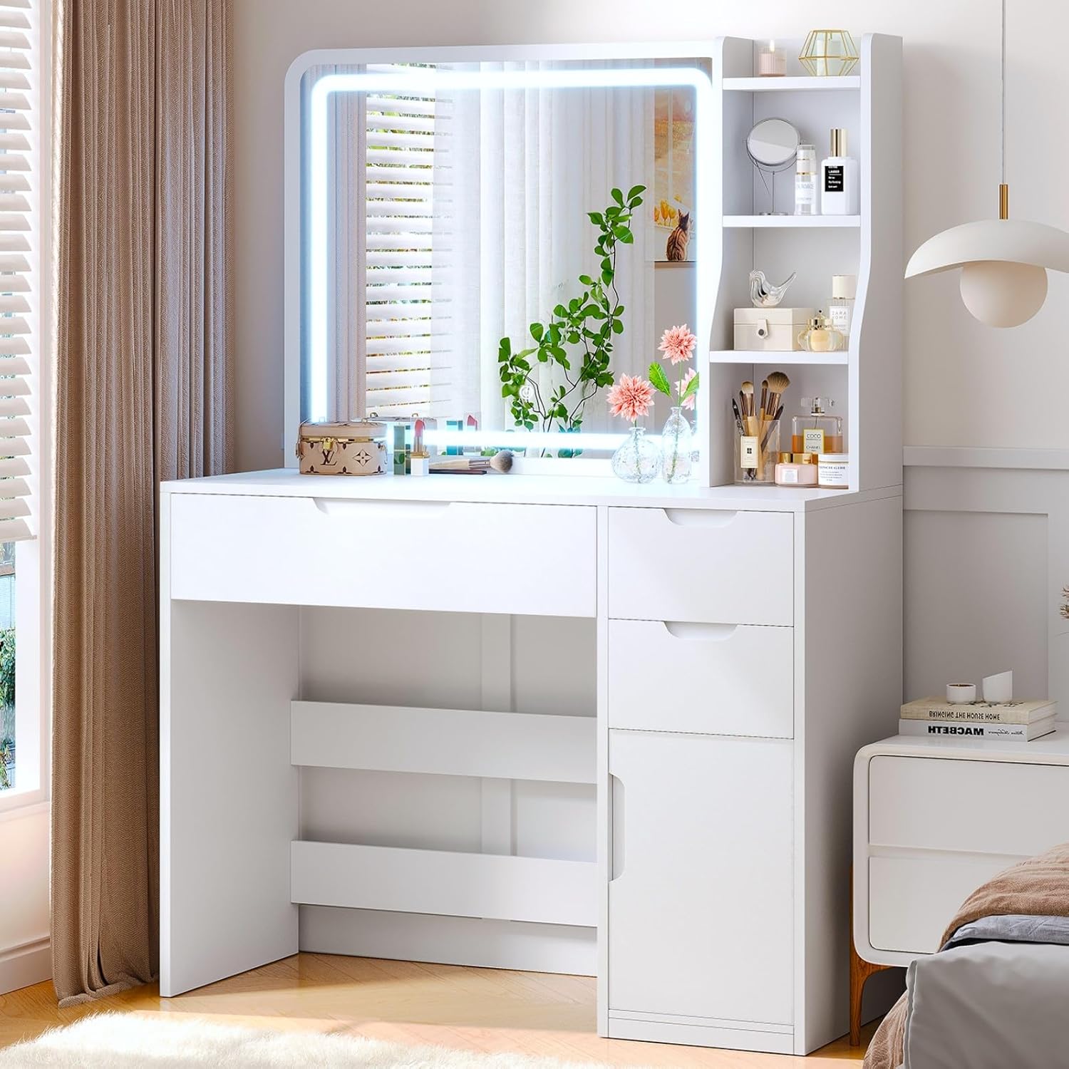 Weißer Schminktisch, Kosmetiktisch mit LED-Beleuchtung & Spiegel - 3 Farbtemperaturen, dimmbar | Schminktisch mit 3 Schubladen, 3 Regalen & Schrank | Weißer Make-up Tisch für Schlafzimmer