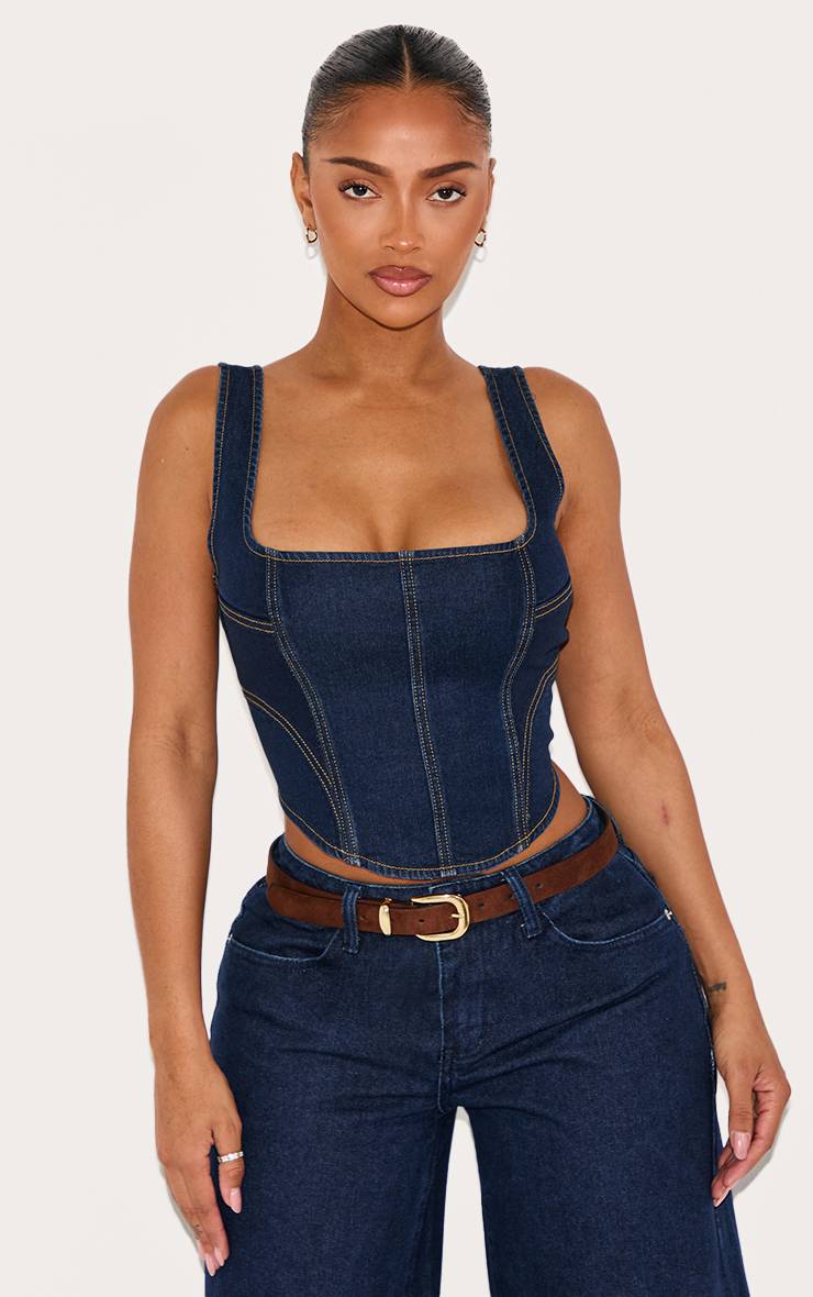 Bleu Indigo Foncé Corset En Denim Délavé Ajusté
