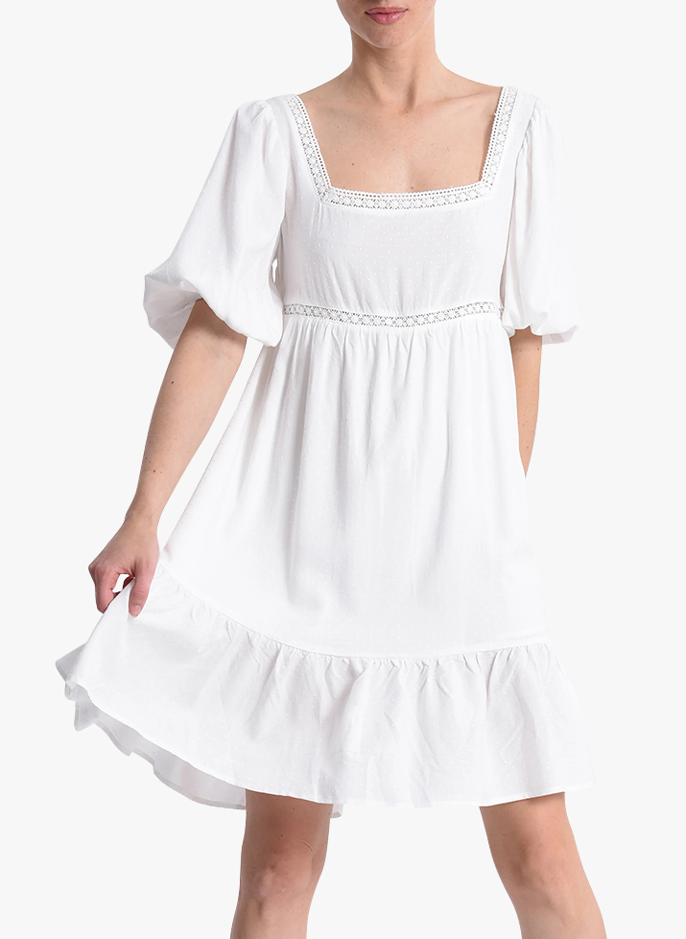 Robe courte col carré effet plumetis| Blanc
