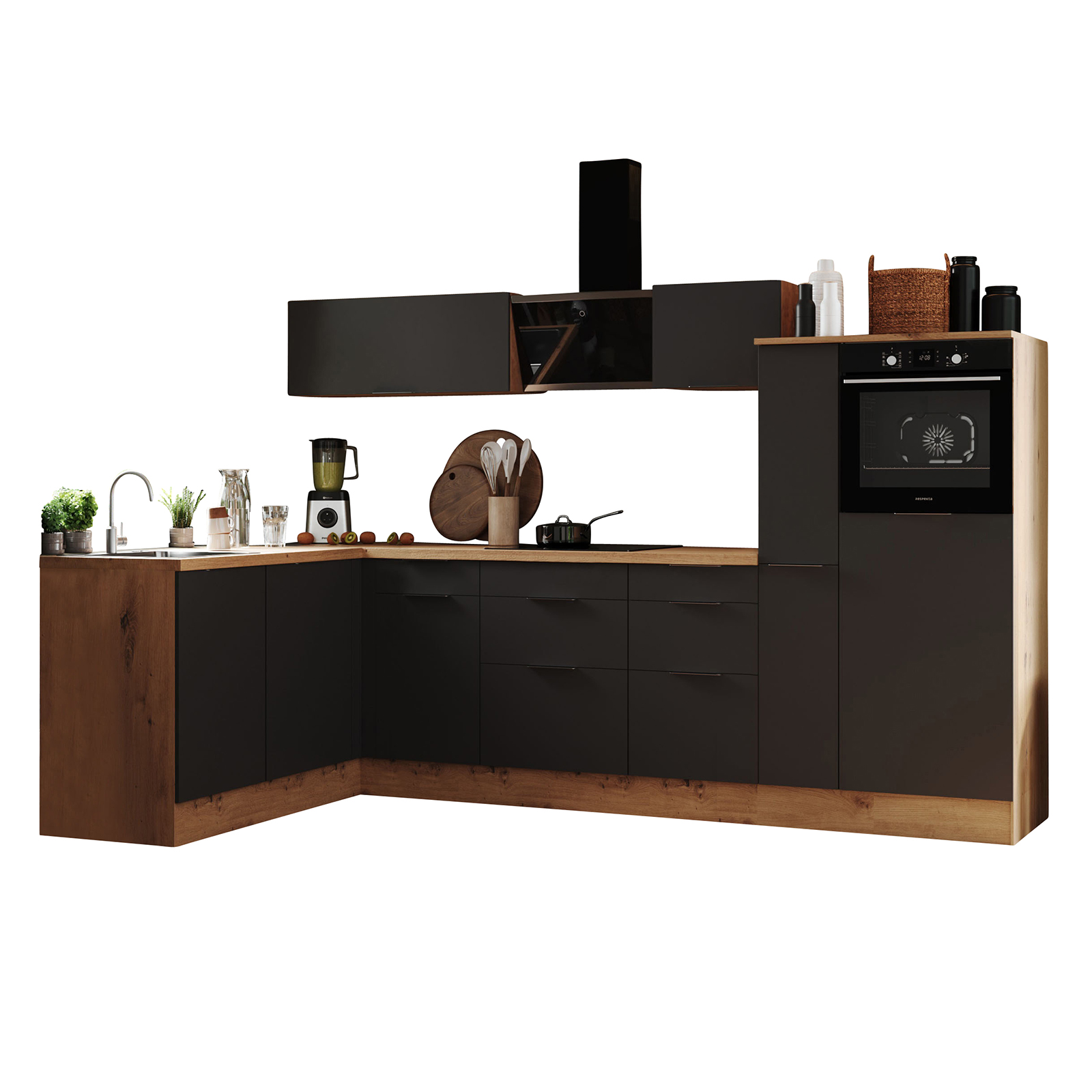 RESPEKTA Winkelküche - grau matt - Artisan Eiche -mit E-Geräten - 310x175 cm
