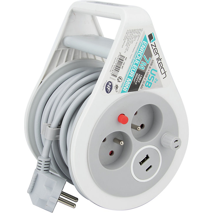 Mini enrouleur H05VV-F 3G1 3 prise de 16A + USB 7m gris
