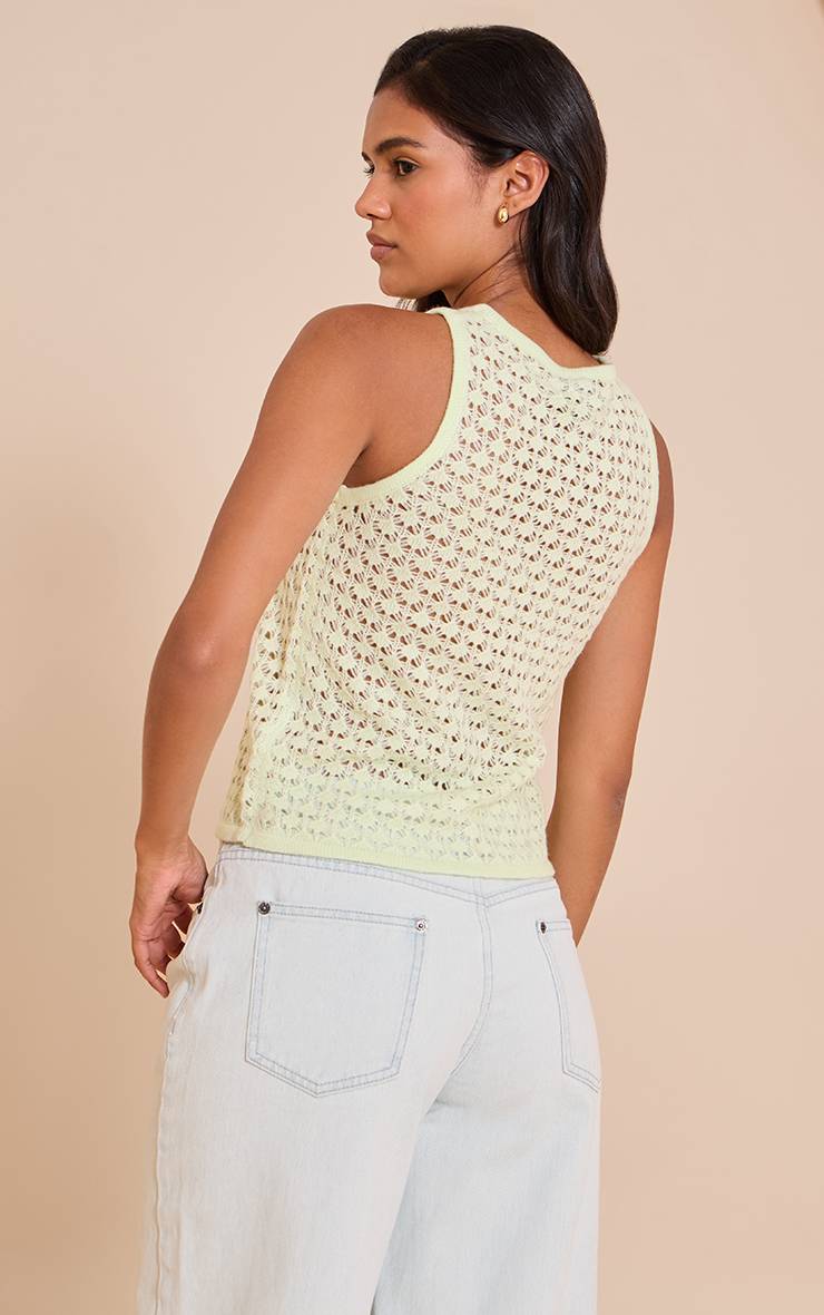 Citron Vert Gilet Sans Manches En Maille Crochet Ajouré Avec Boutons Perlés
