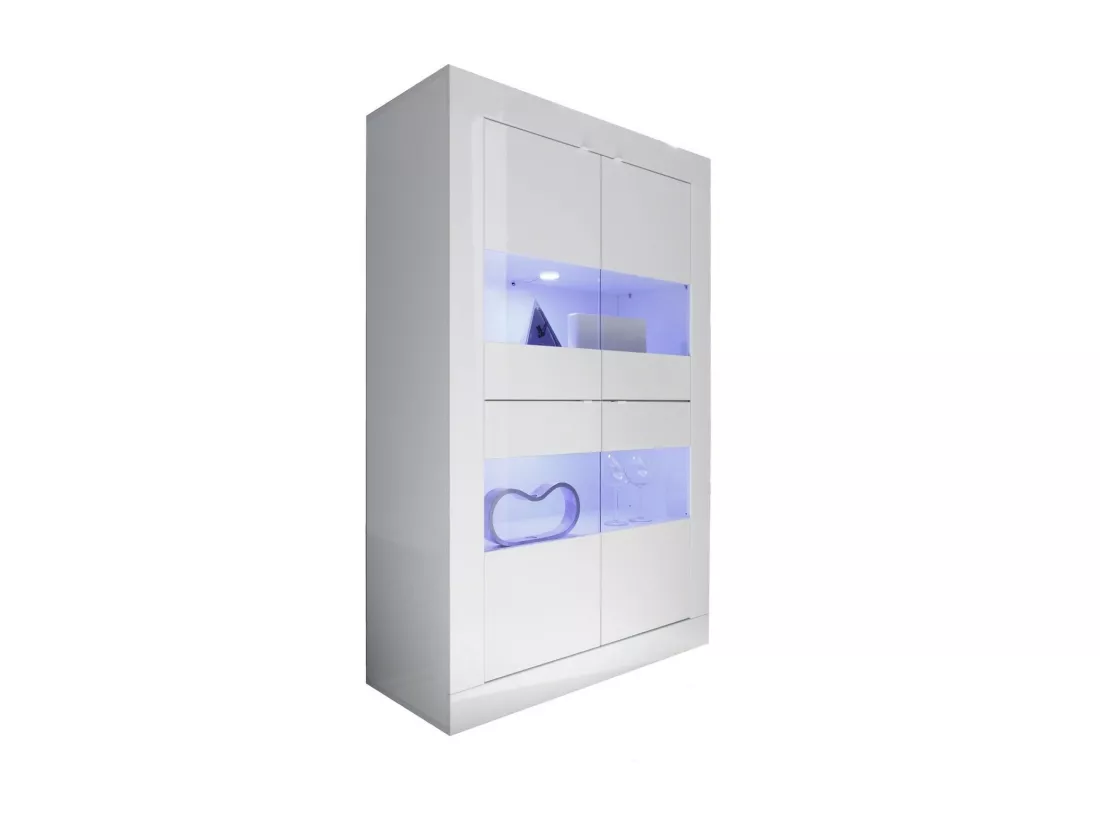 Vitrine à LED 4 portes bois laqué blanc brillant Assic