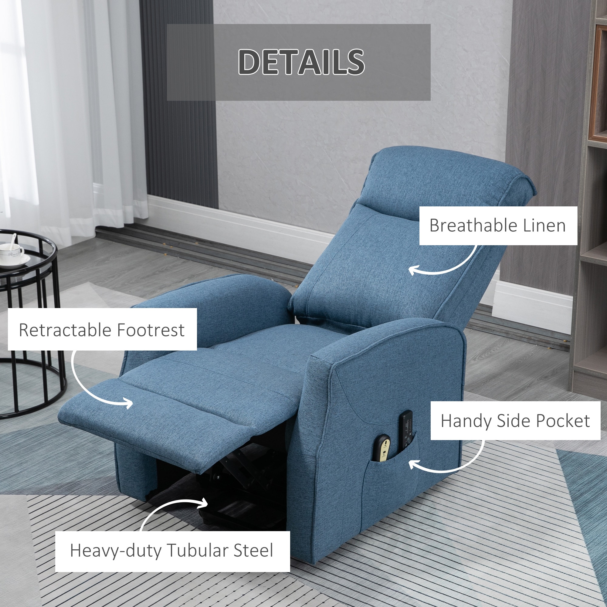 HOMCOM Funktionssessel mit Massagefunktion und Aufstehhilfe blau 74,5L x 87,5B x 110H cm
