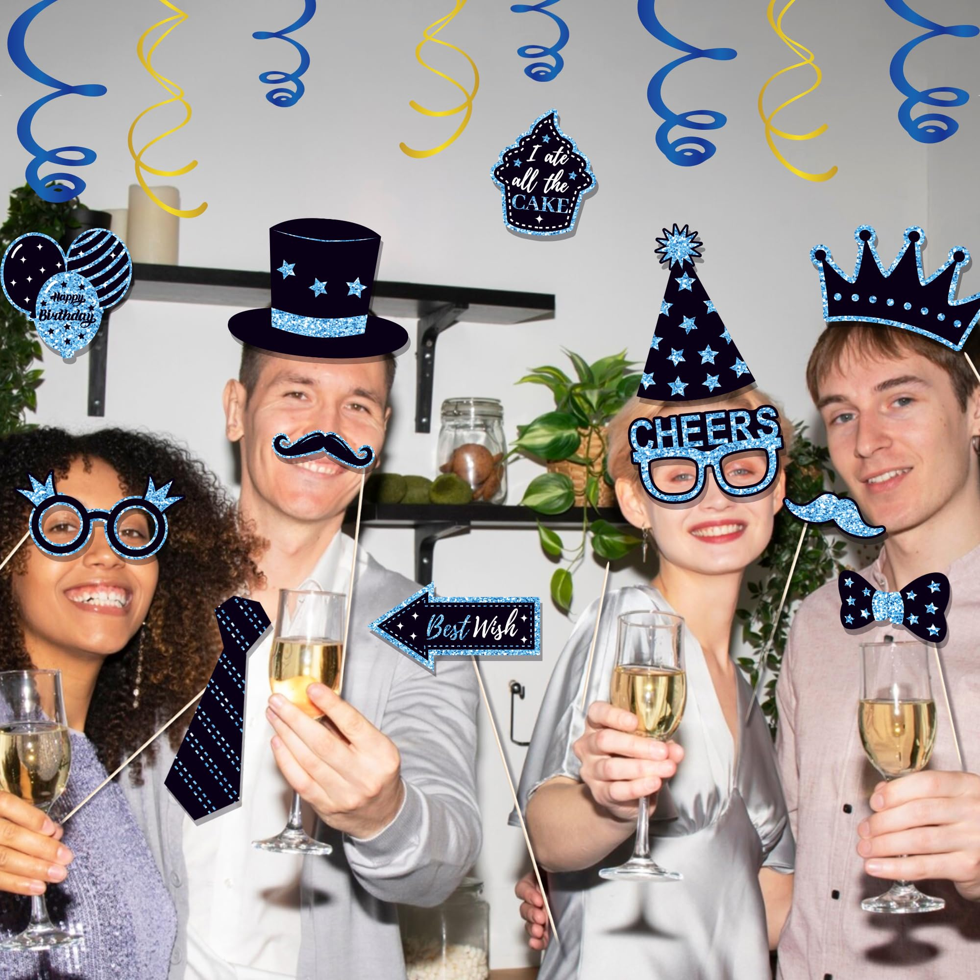 (36er Set) Geburtstags Photo Booth Fotorequisiten Happy Birthday Party Foto Accessoires Dekorationen für lustige Bilder - Blau / Schwarz