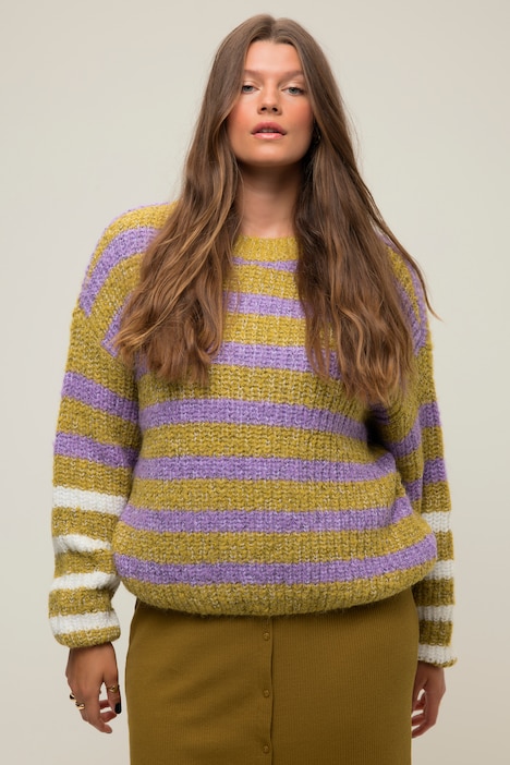 Pullover, oversized, Grobstrick, Streifenmix, Rundhals, Langarm