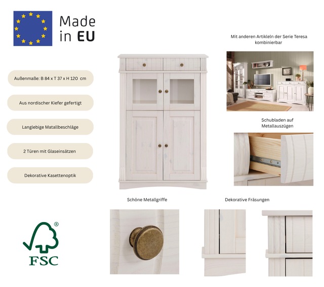 Home affaire Highboard »Teresa Mini-Vitrine mit Glastüren und 2 Schubkästen« Kommode, aus massiver Kiefer, Breite 84 cm, Höhe 120 cm, FSC®