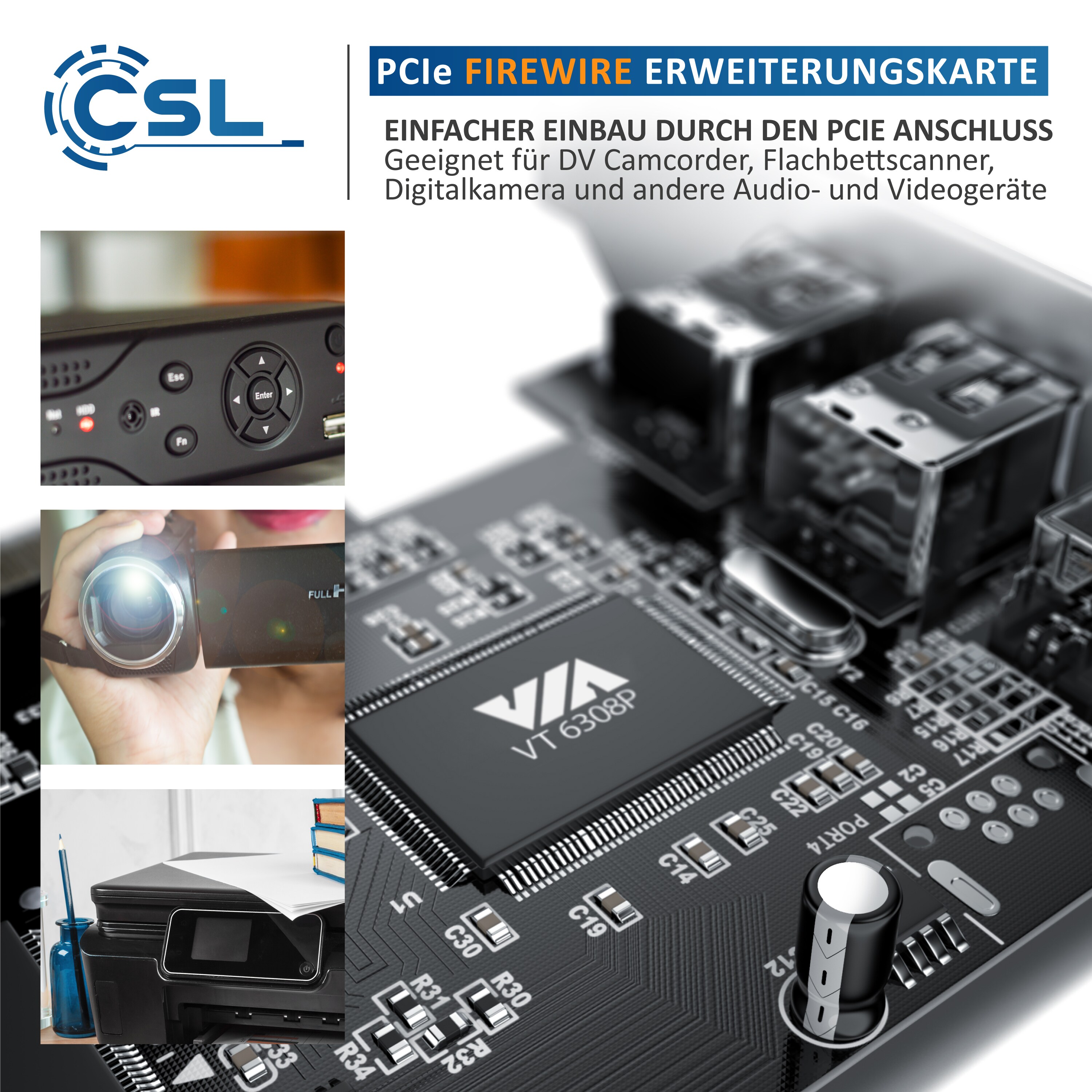 CSL PCI Firewire Karte Erweiterungskarte - PCI-E - 3 Anschlüsse - 1394a 1394b -Controller-Karte - 2 x 6 Pin und 1 x 4 Pin für Desktop-PC