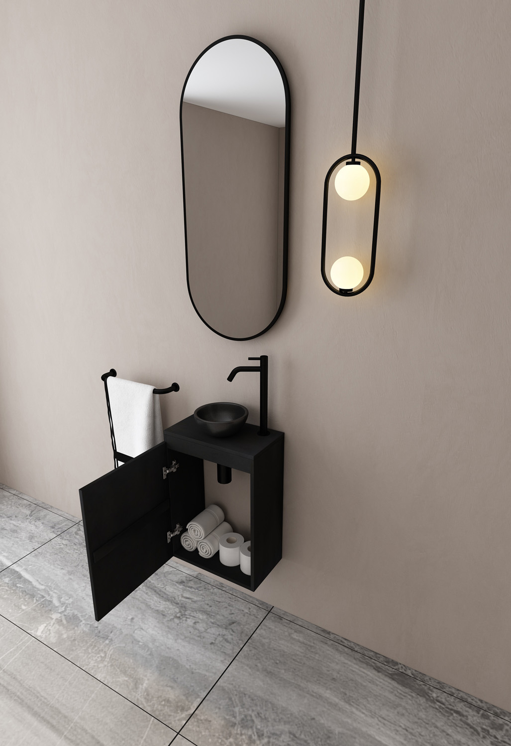 MD Interior Eden toiletmeubel zwart mangohout met zwarte waskom links