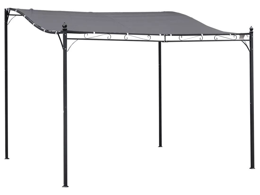 Pergola tonnelle de jardin auvent 2,97 x 2,97 m adossable métal noir polyester anti-UV gris