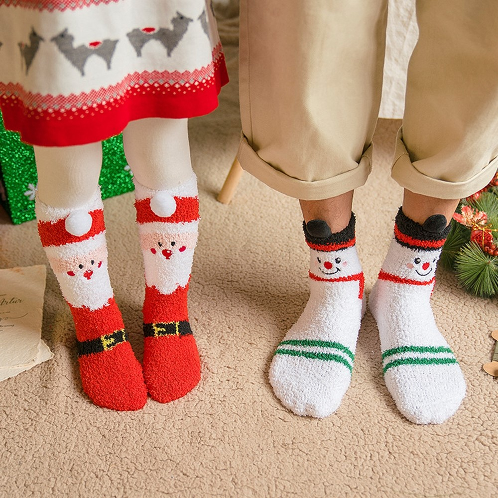 (1 Paar) Weihnachts Kuschel Socken Wintersocken Christmas Füsslinge Flauschige Bettsocken (One Size) - Schneemann