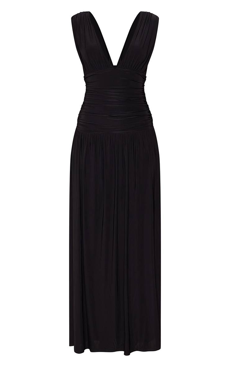 Noir Robe Maxi Longue Sans Manches À Décolleté Plongeant En Jersey Double Épaisseur