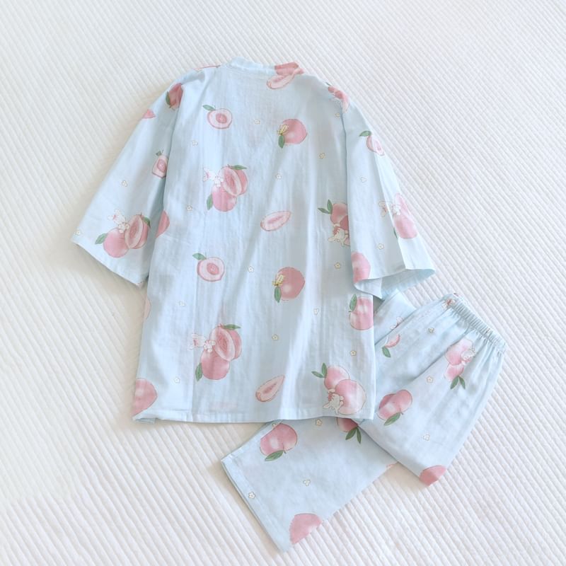 Finlies - Pyjamaset: Kimonotop met korte mouwen en perzikprint + broek