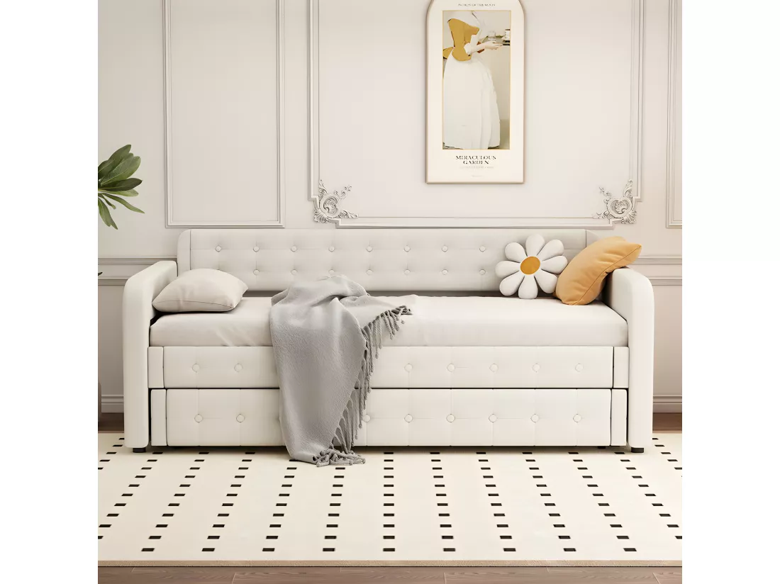 Lit gigogne 90x190/200cm en tissu de lin - avec sommier à lattes - Beige clair
