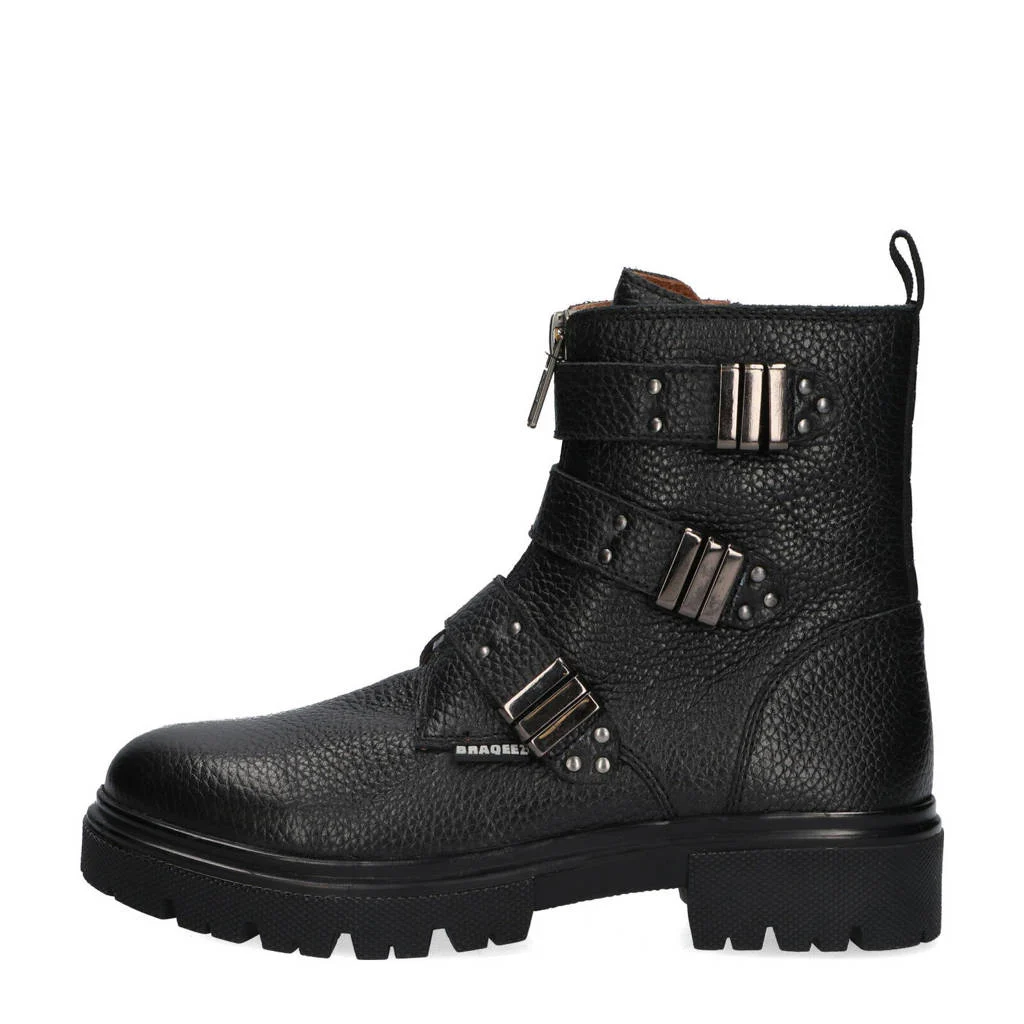 Braqeez leren bikerboots zwart
