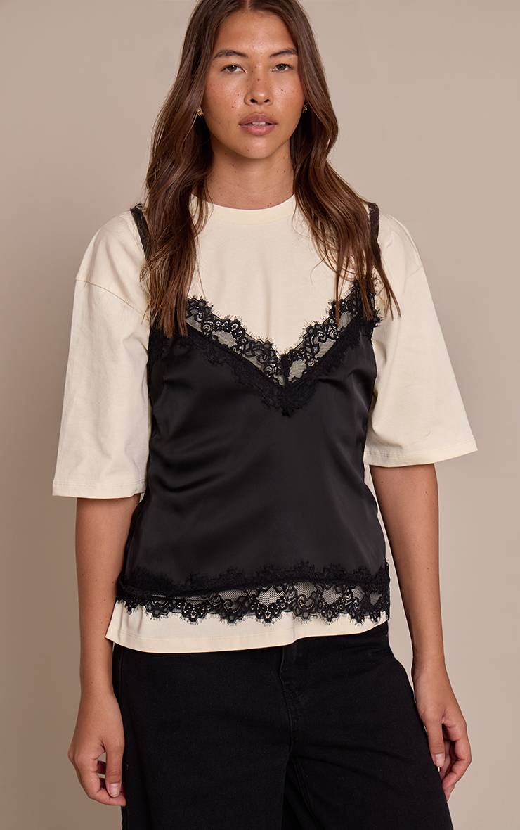 Noir Top Caraco En Satin À Col V Avec Détails De Finition