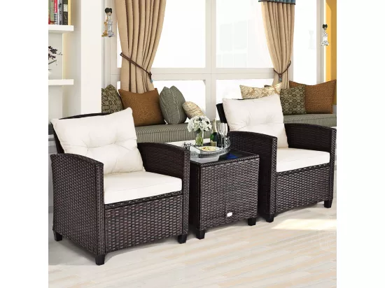 Salon de Jardin en Rotin et fibre naturelle - 3 Pièces - Charge 180KG - 2 Fauteuils et Table Basse avec Plateau en Verre Trempé – Beige