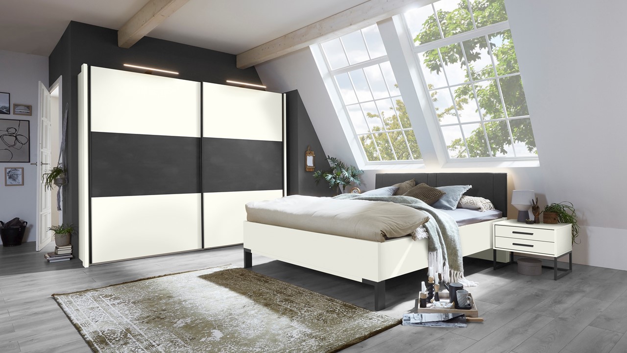 Bed Ragnar met hoofdbord gestoffeerd wit/antraciet