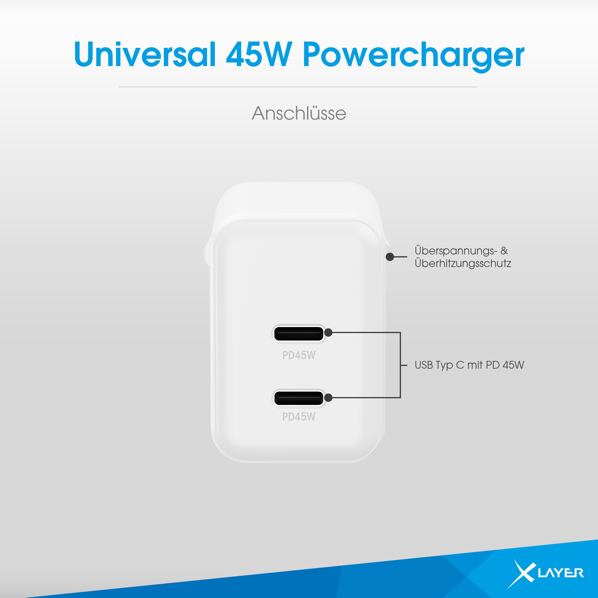 Xlayer CHARGER Ladegerät Universal 45W Powercharger USB Typ C & USB Typ CNetzteil