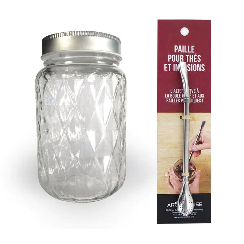 Bocal Mason Jar avec couvercle 37,5 cl diamant + paille inox avec filt