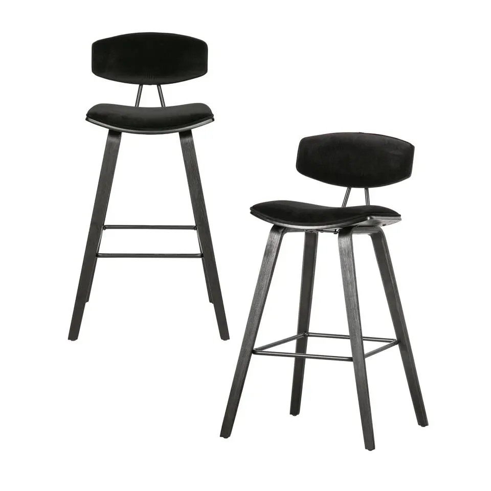 WOOOD Senn Barstoelen - Fluweel - Zwart - Set van 2